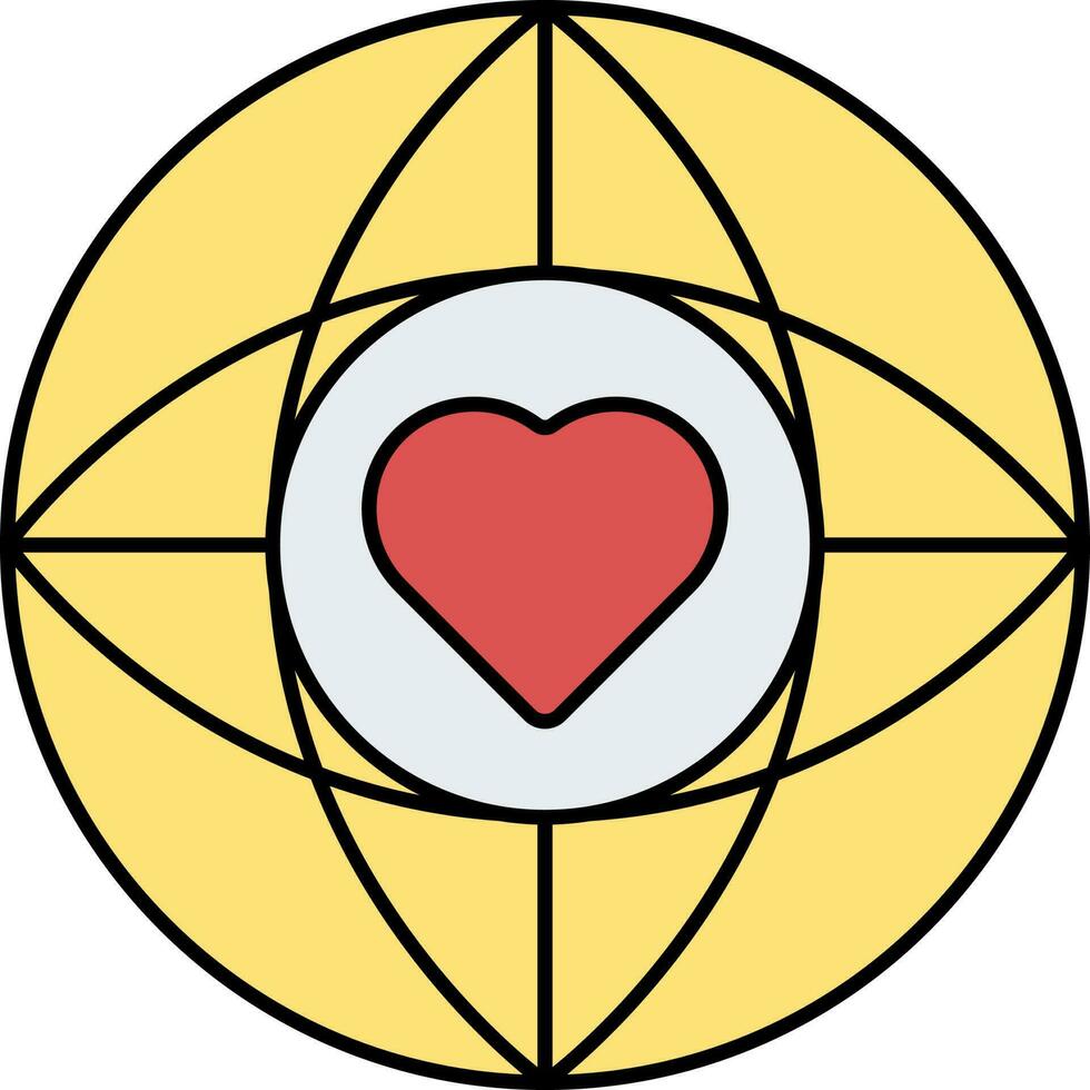 Heart Symbol On Globe Icon In Yellow And Red Color. vector