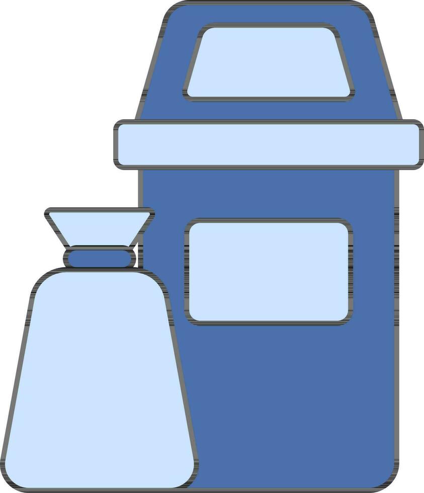 Blue Dustbin And Garbage Bag Icon Or Symbol. vector