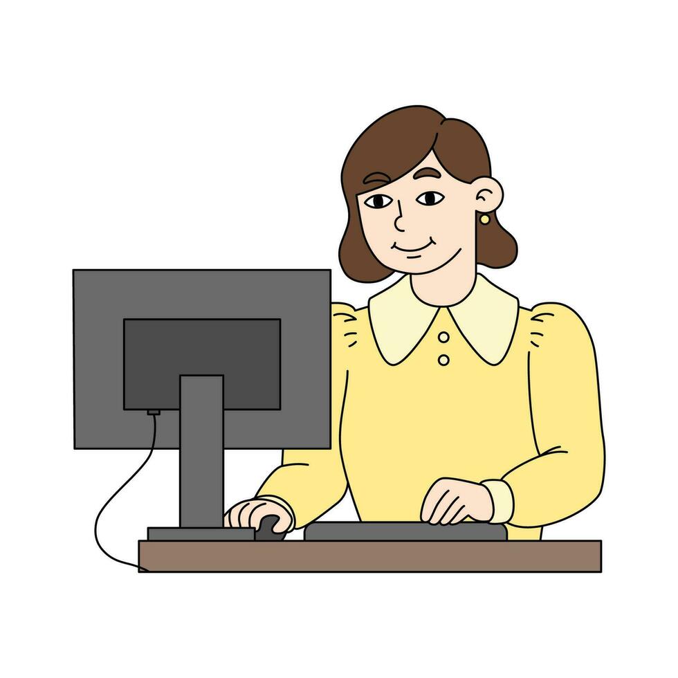 Woman in a suit sitting at the desk and working on the computer. Professional office worker at the workplace. Vector illustration in cartoon style isolated on white background