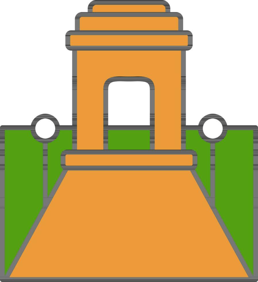 India Gate On Rajpath Road Icon In Orange And Green Color. vector