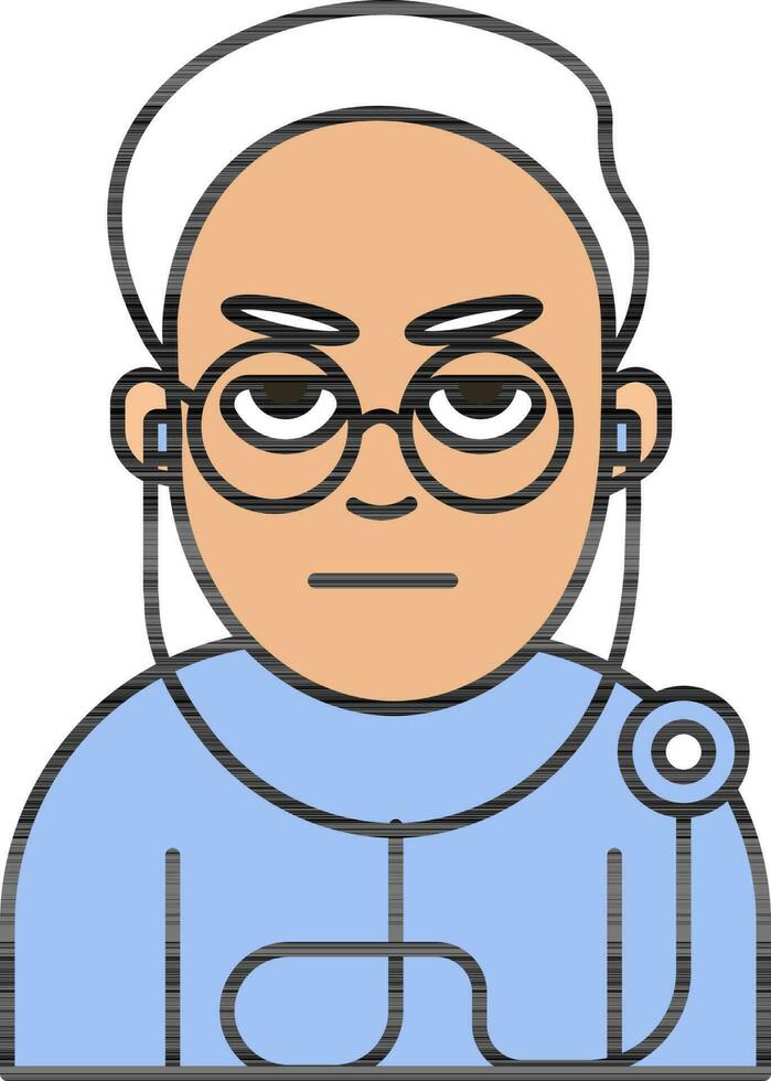 antiguo calvo médico vistiendo estetoscopio icono azul y y blanco icono. vector