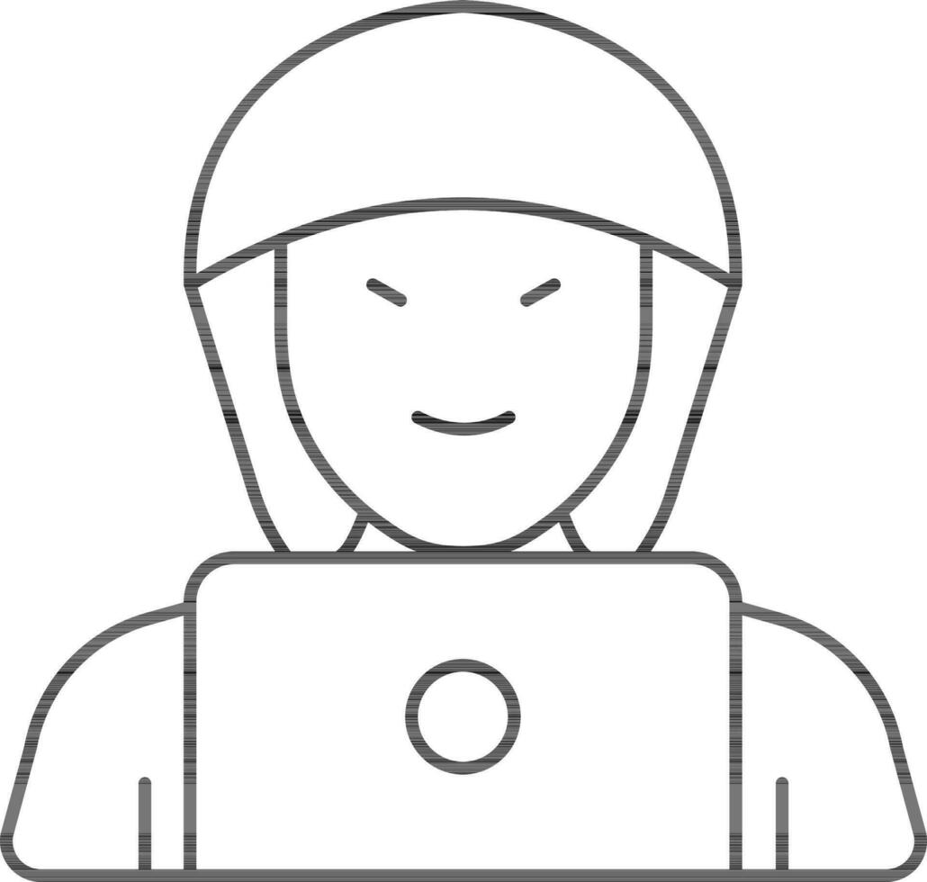 Hacker Man With Laptop Icon In Line Art. vector