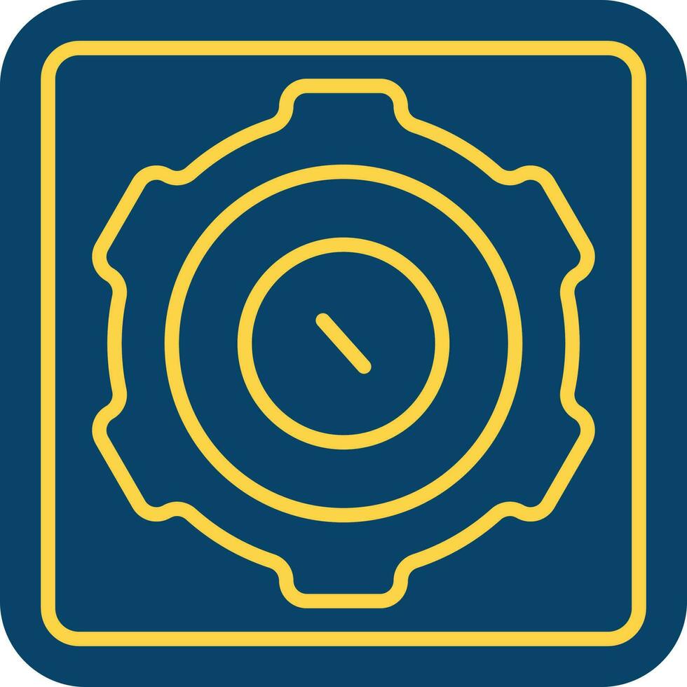 Yellow Line Art Coin With Cogwheel Icon On Blue Square Background. vector
