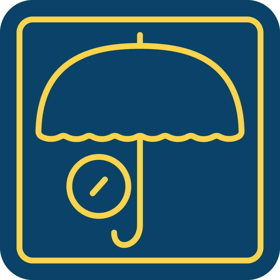 Yellow Line Art Coin With Umbrella Icon Or Symbol On Blue Square Background. vector