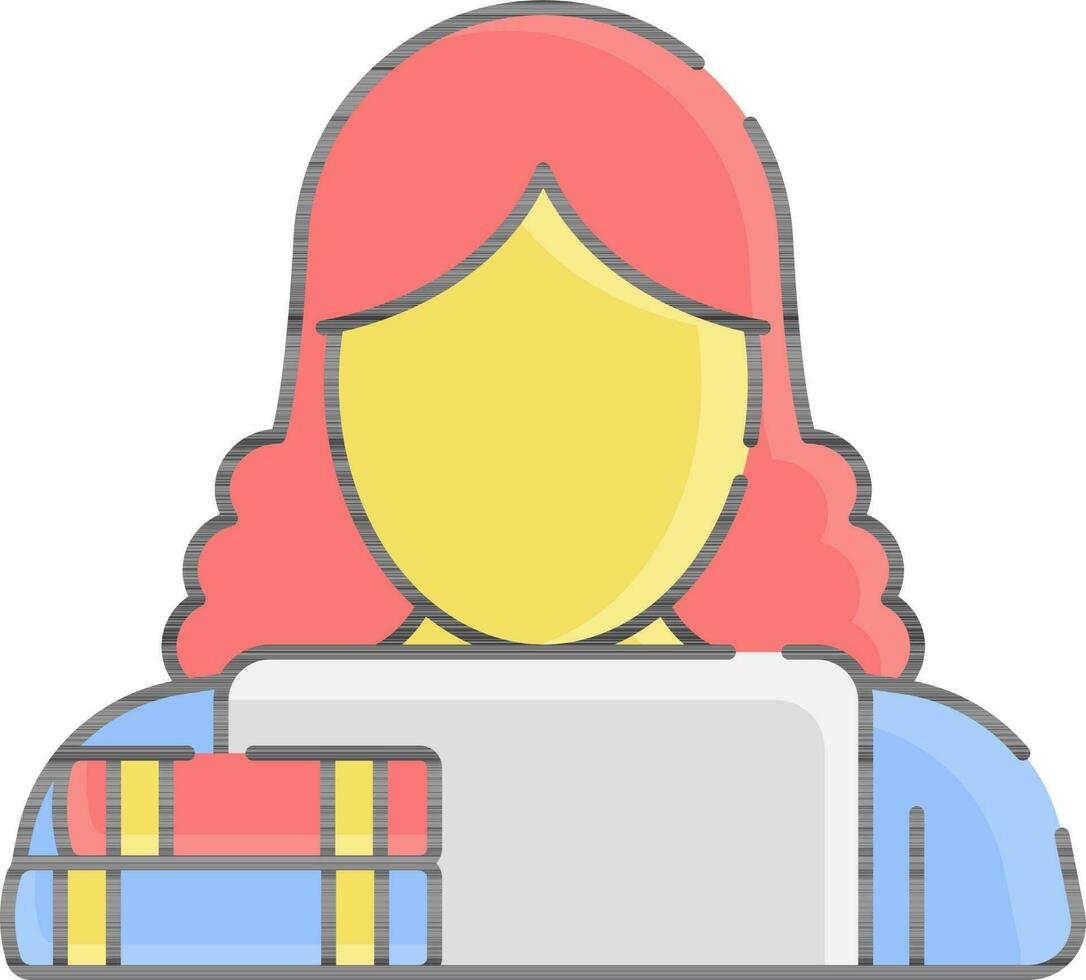 Faceless Cartoon Young Girl Working in Laptop with Books Colorful Icon. vector