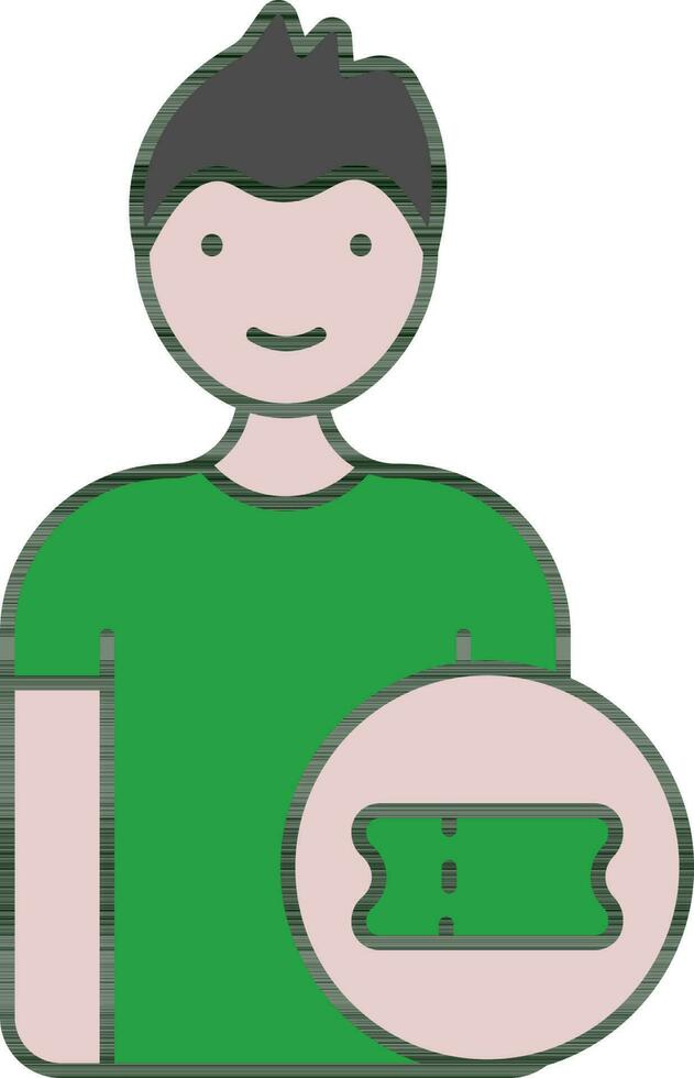 Young Boy With Ticket For Lottery Icon In Green And Pink Color. vector