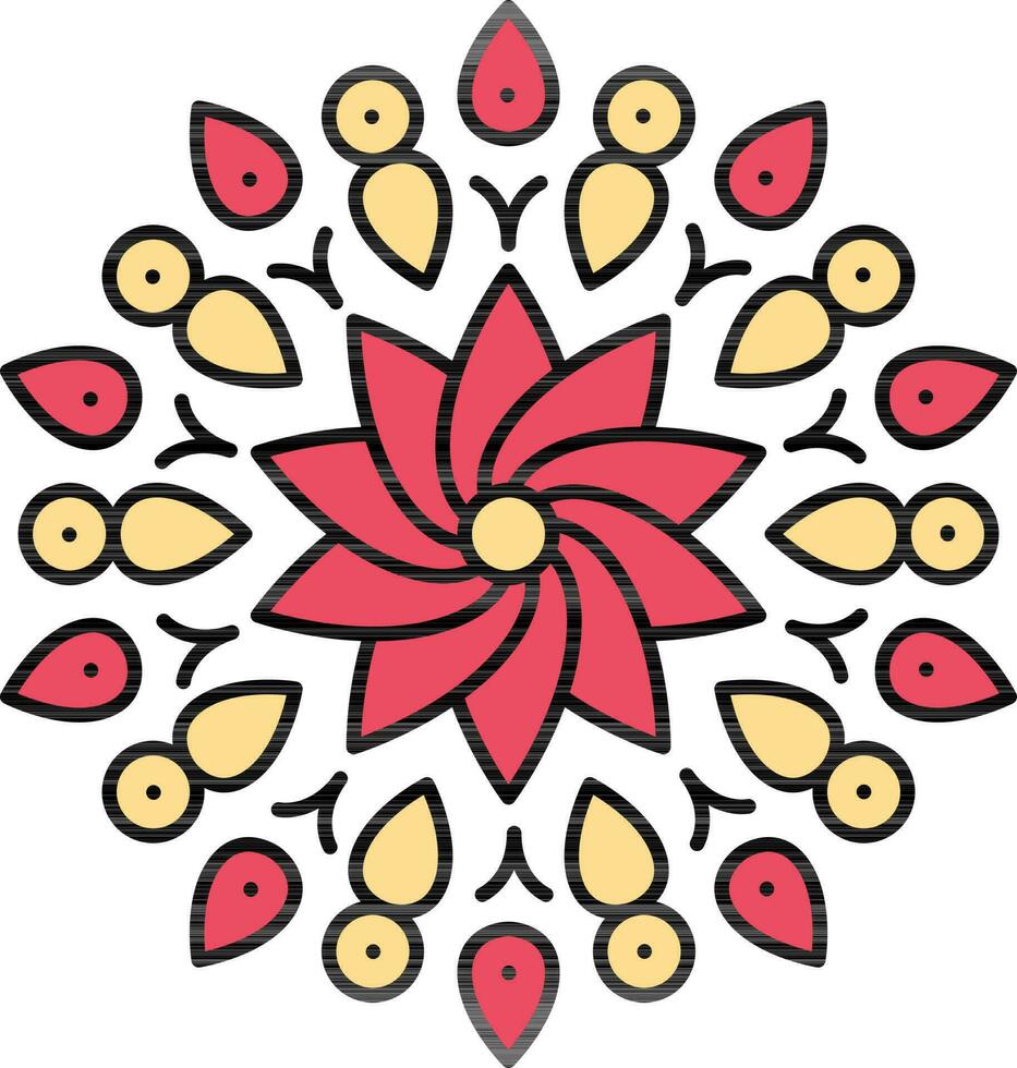 Red And Yellow Filigree Flower Mandala Icon. vector