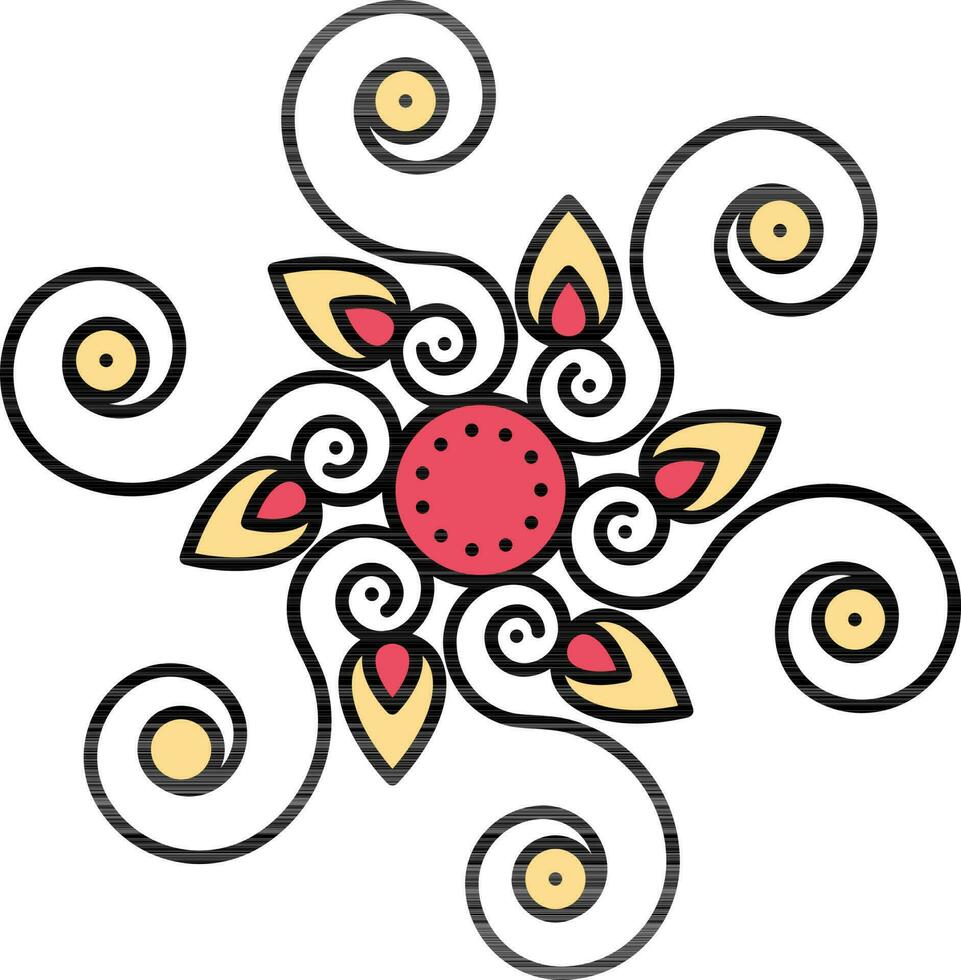 Curly Mandala Floral Icon In Yellow And Red Color. vector