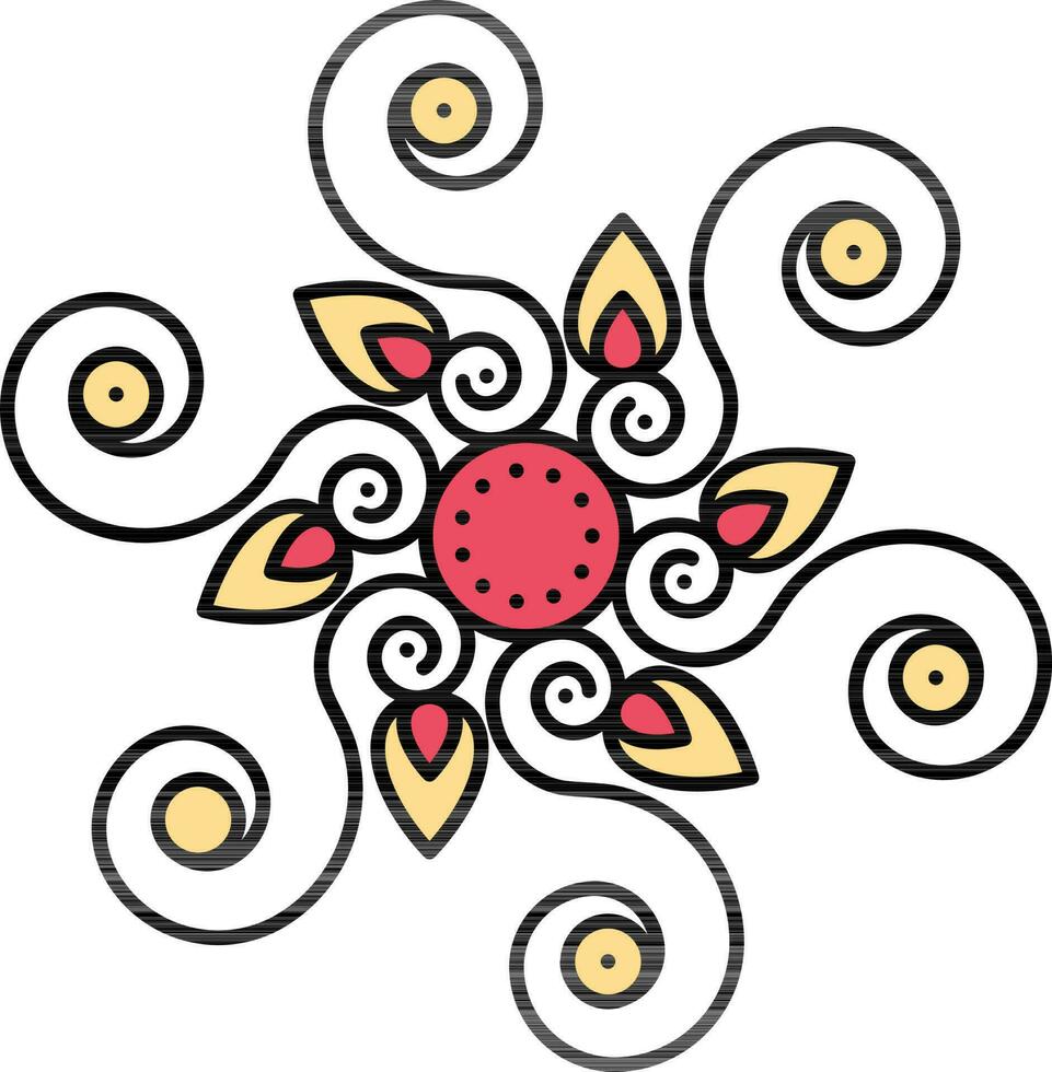 Curly Mandala Floral Icon In Yellow And Red Color. vector