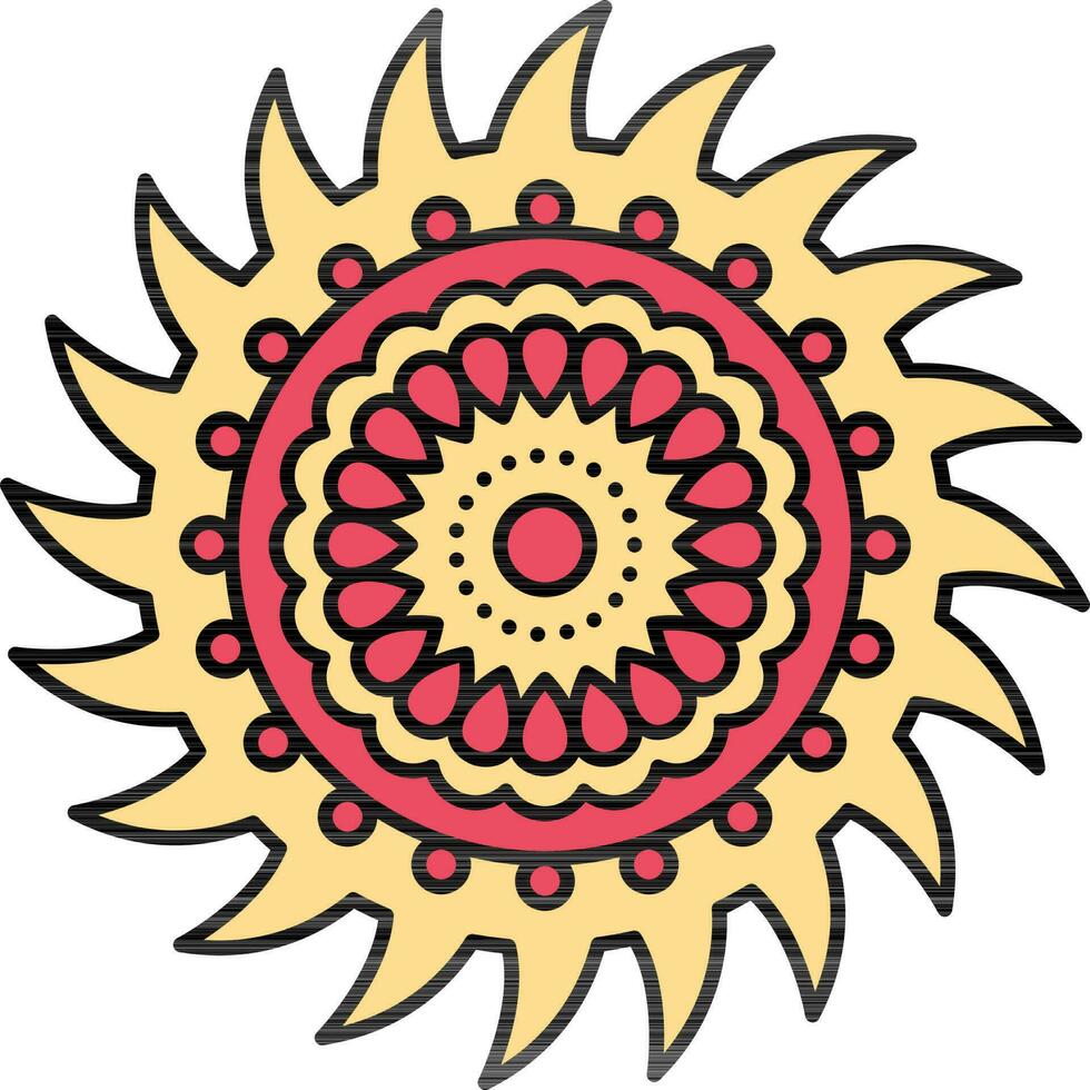 Saw Blade Mandala Floral Icon In Red And Yellow Color. vector