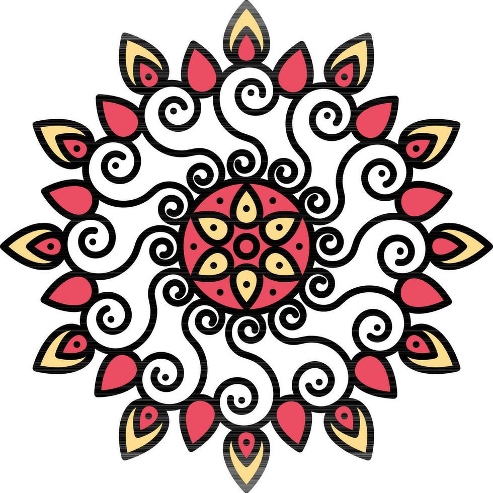 Yellow And Red Curly Mandala Icon In Flat Style. vector