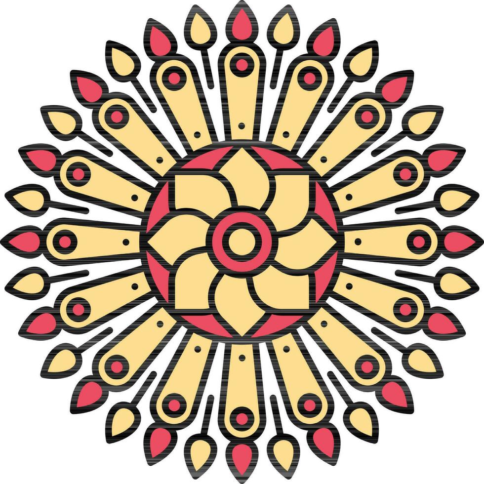 Circular Matchstick Floral Mandala Red And Yellow Icon. vector