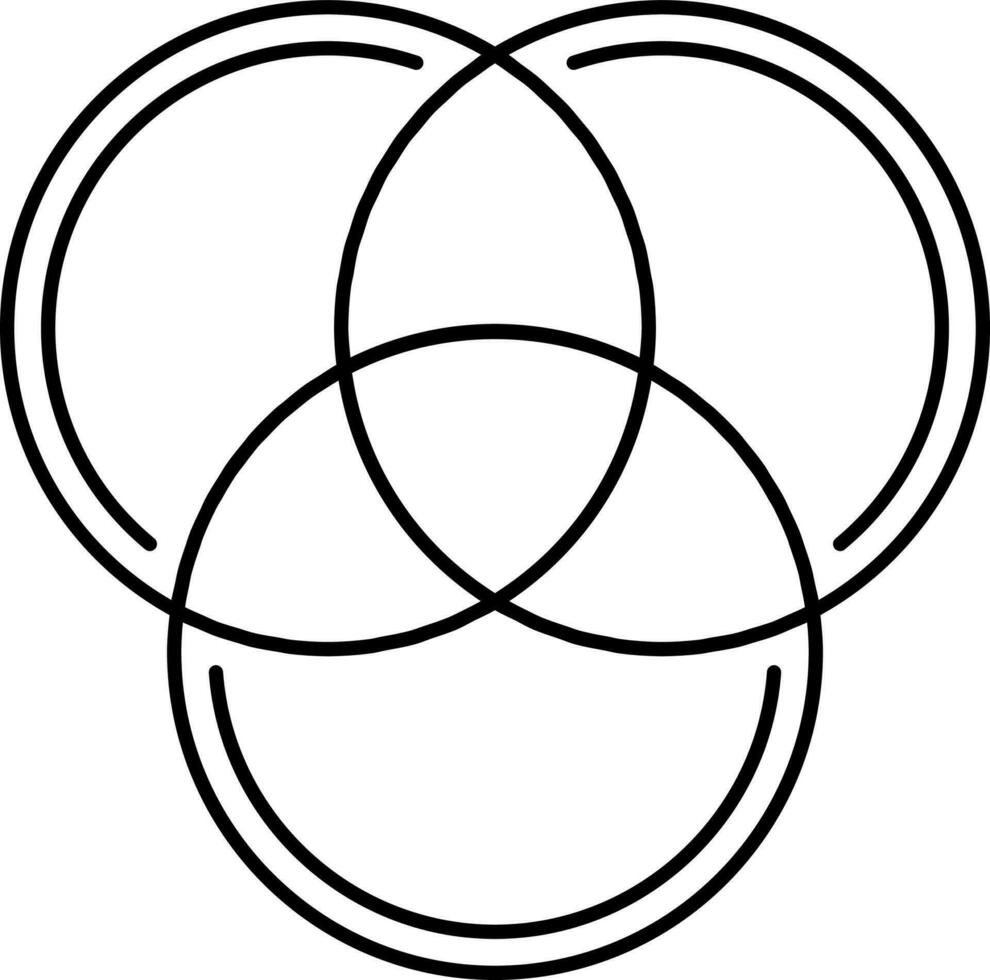 Intersection of Three Circle Icon In Black Outline. vector