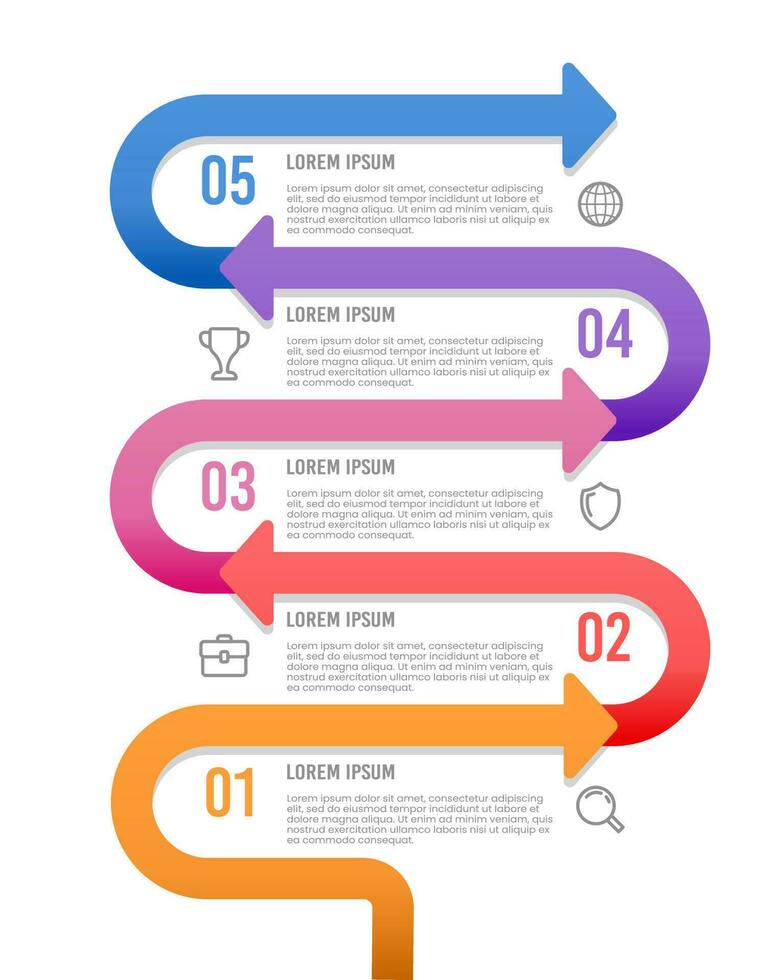 cronograma vertical infografia modelo 5 5 pasos o opciones con línea flechas, flujo de trabajo, o proceso diagrama. vector ilustración.