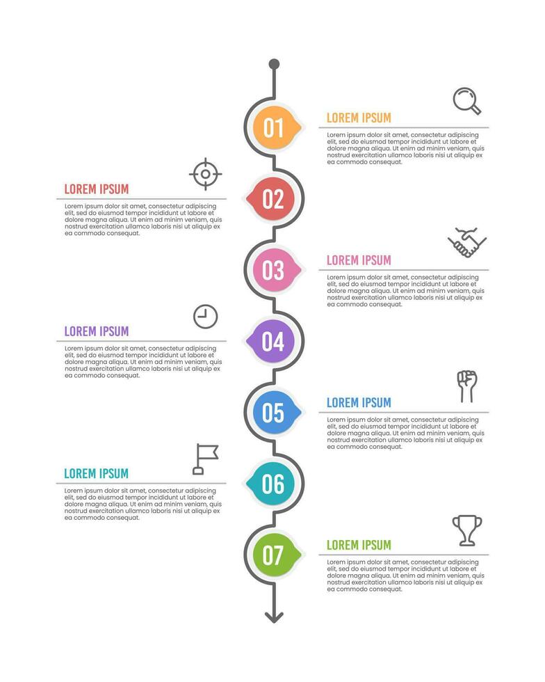 Infographics timeline 7 options or steps. Workflow layouts, diagrams, number options, and web design. Vector illustration.