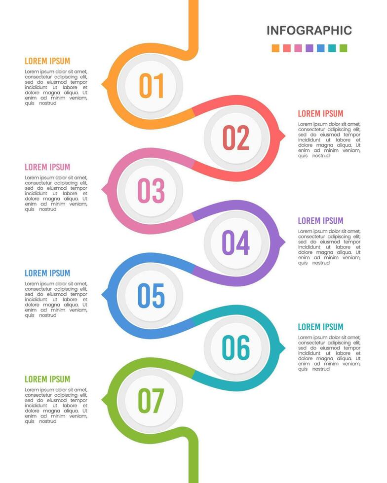 Timeline vertical infographics template 7 steps or options, workflow or process diagram. Vector illustration.