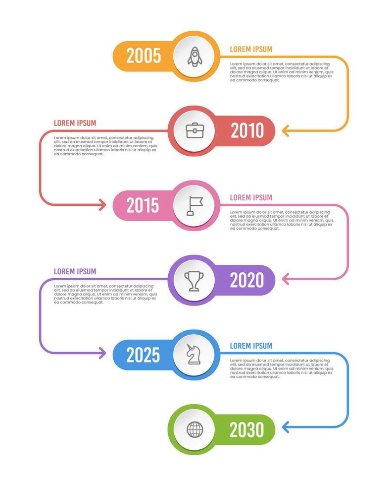 Timeline vertical infographics template 6 years to success. Milestone, Anniversary, Annual report. Vector illustration.