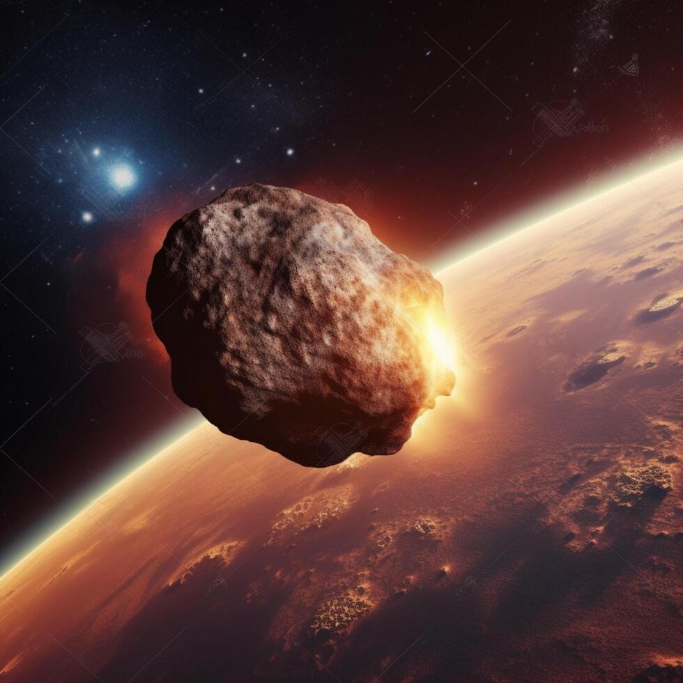 Fiery big asteroid falling to the earth photo