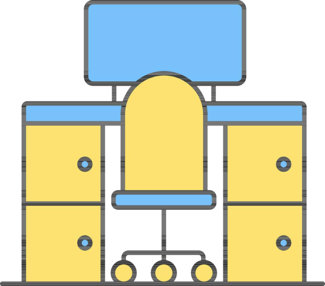 Desktop On Desk With Chair Icon In Blue And Yellow Color. vector