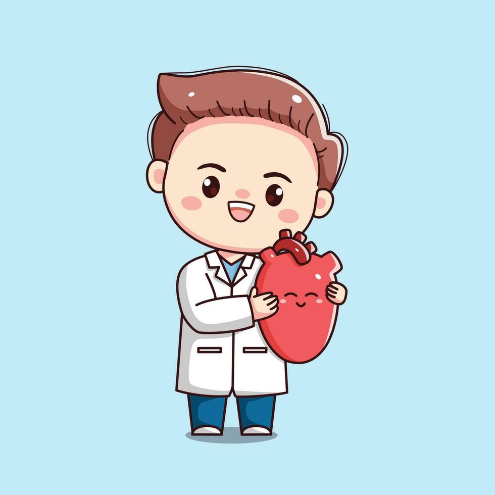 Cute cardiologist male doctor holding heart kawaii chibi flat outlined character vector