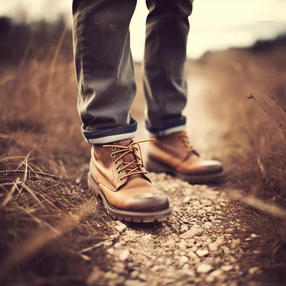 Men legs with boots walking ground photo