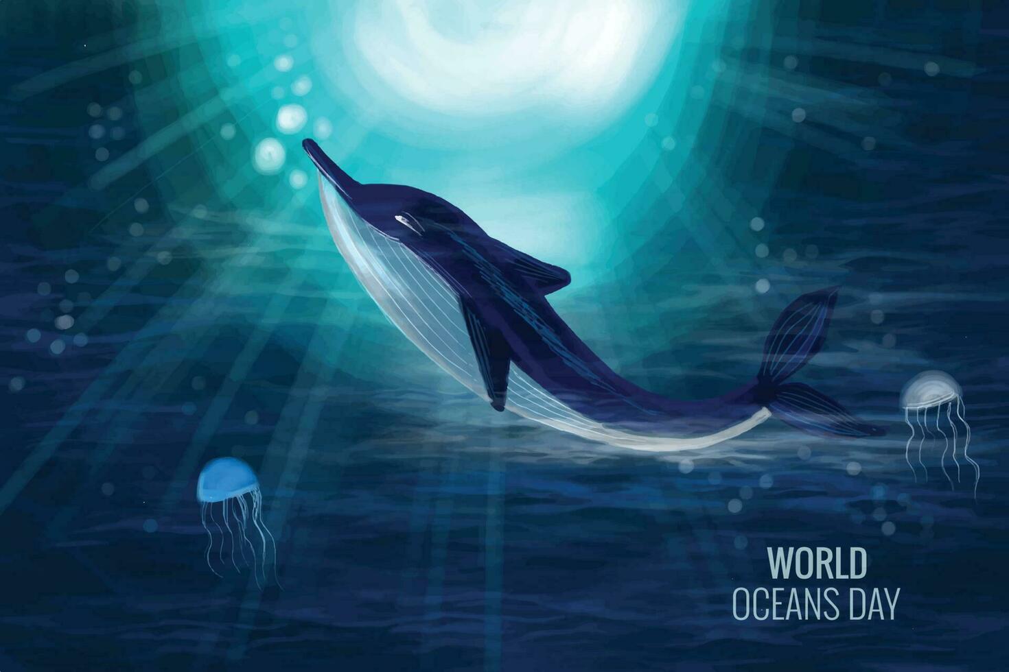 Whale shark world ocean day card blue background vector