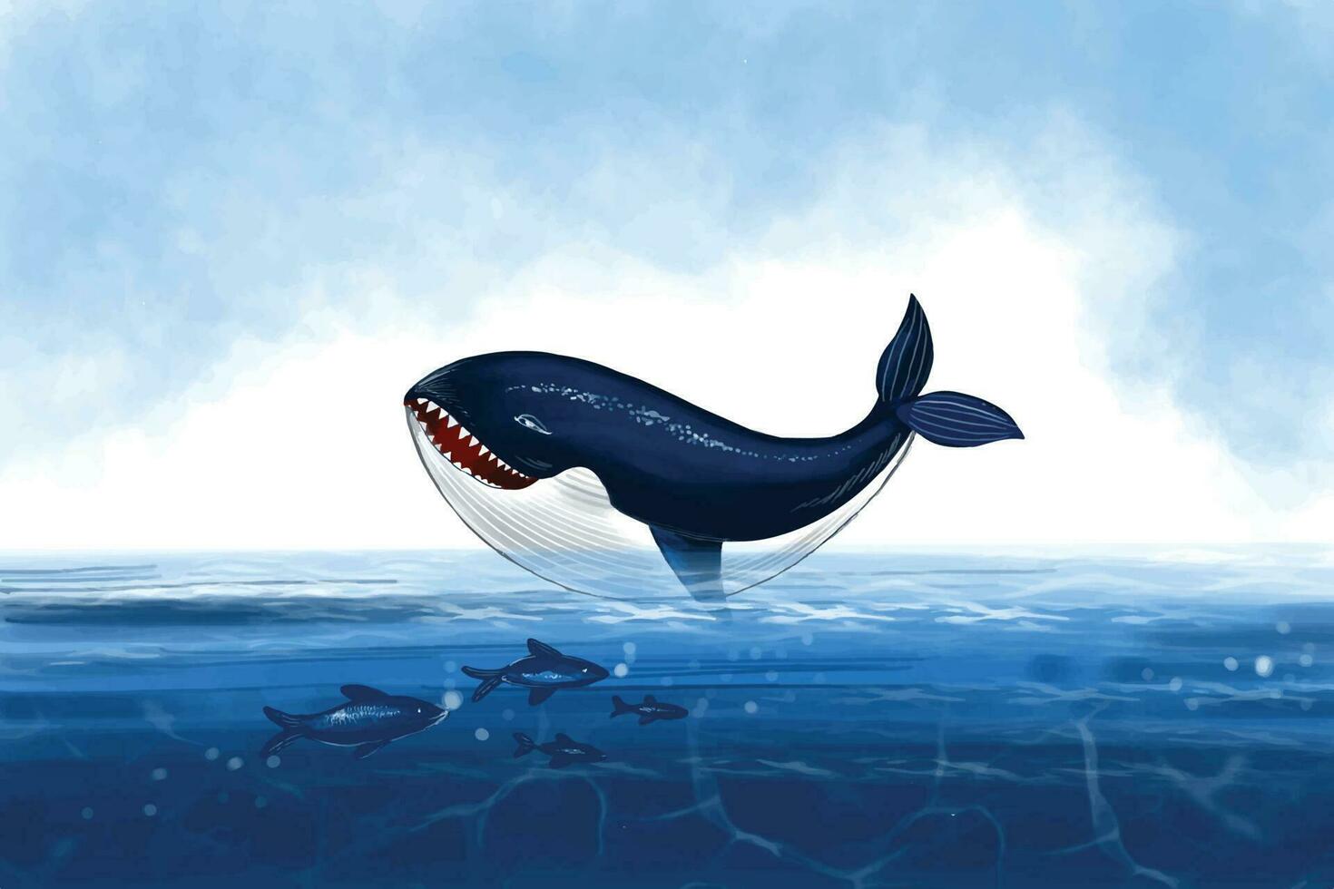 grande ballena y pescado fueron nadando submarino Oceano día antecedentes vector
