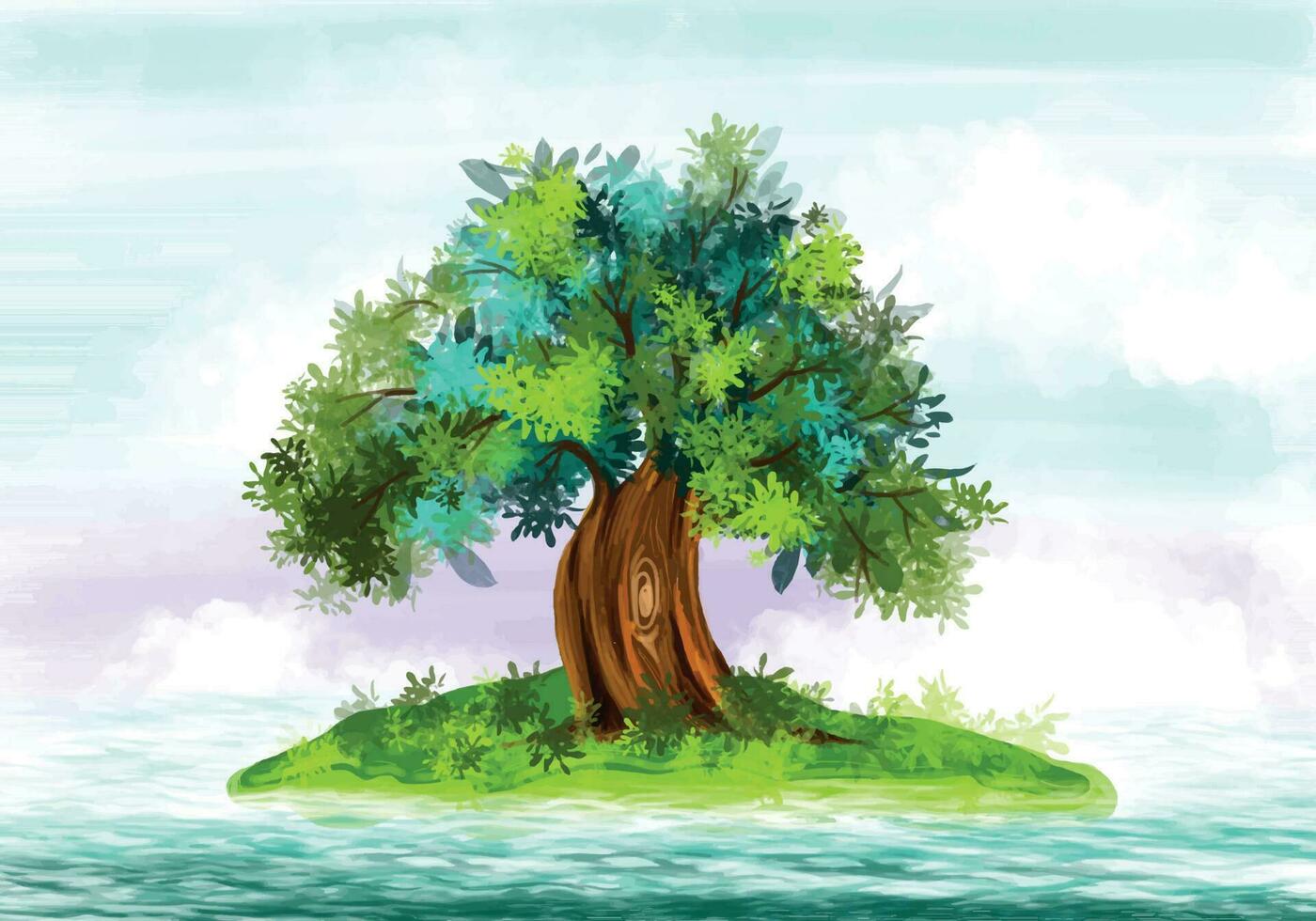 Landscape and architecture on watercolor tree background vector