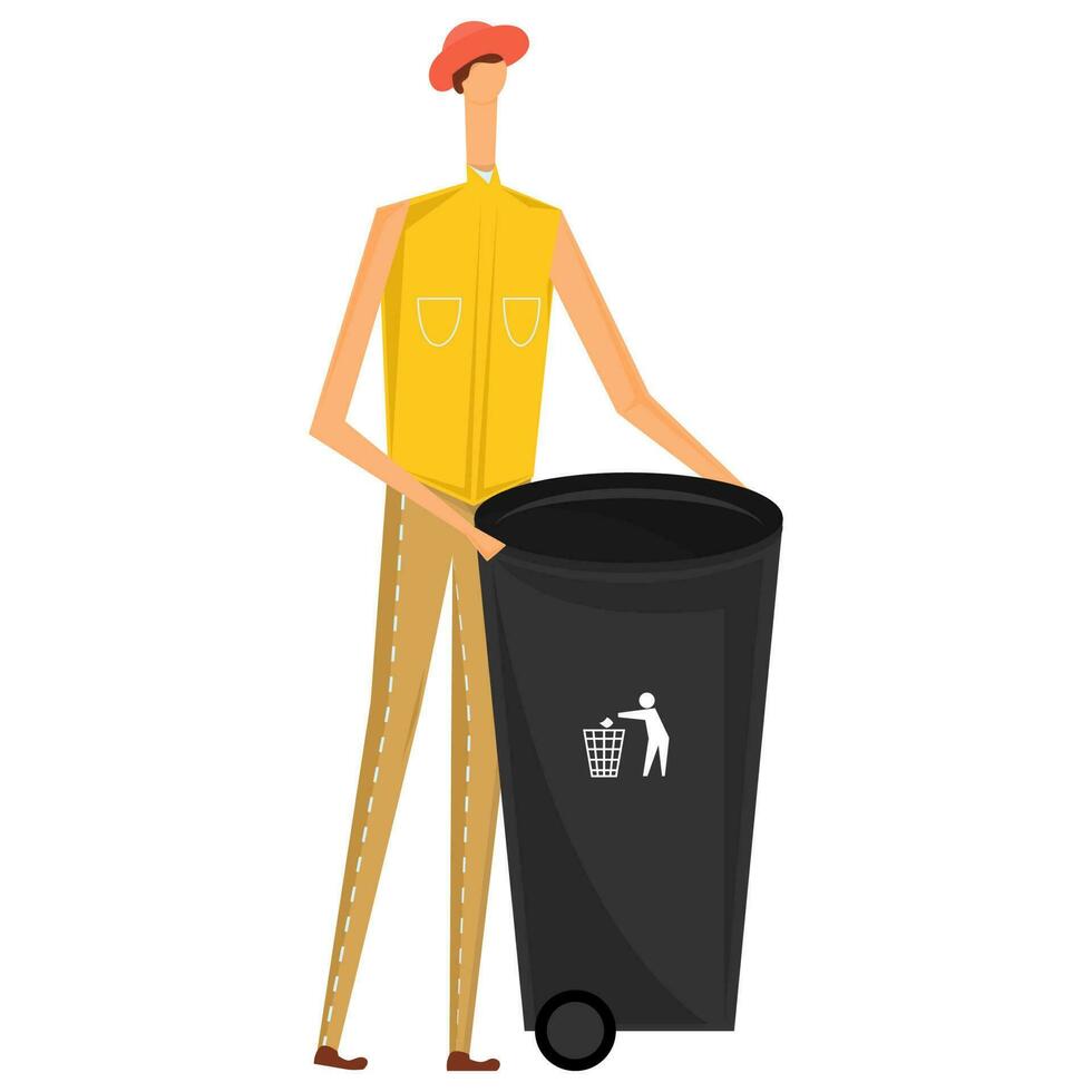 Faceless Man Holding Black Trash Bin On White Background. vector