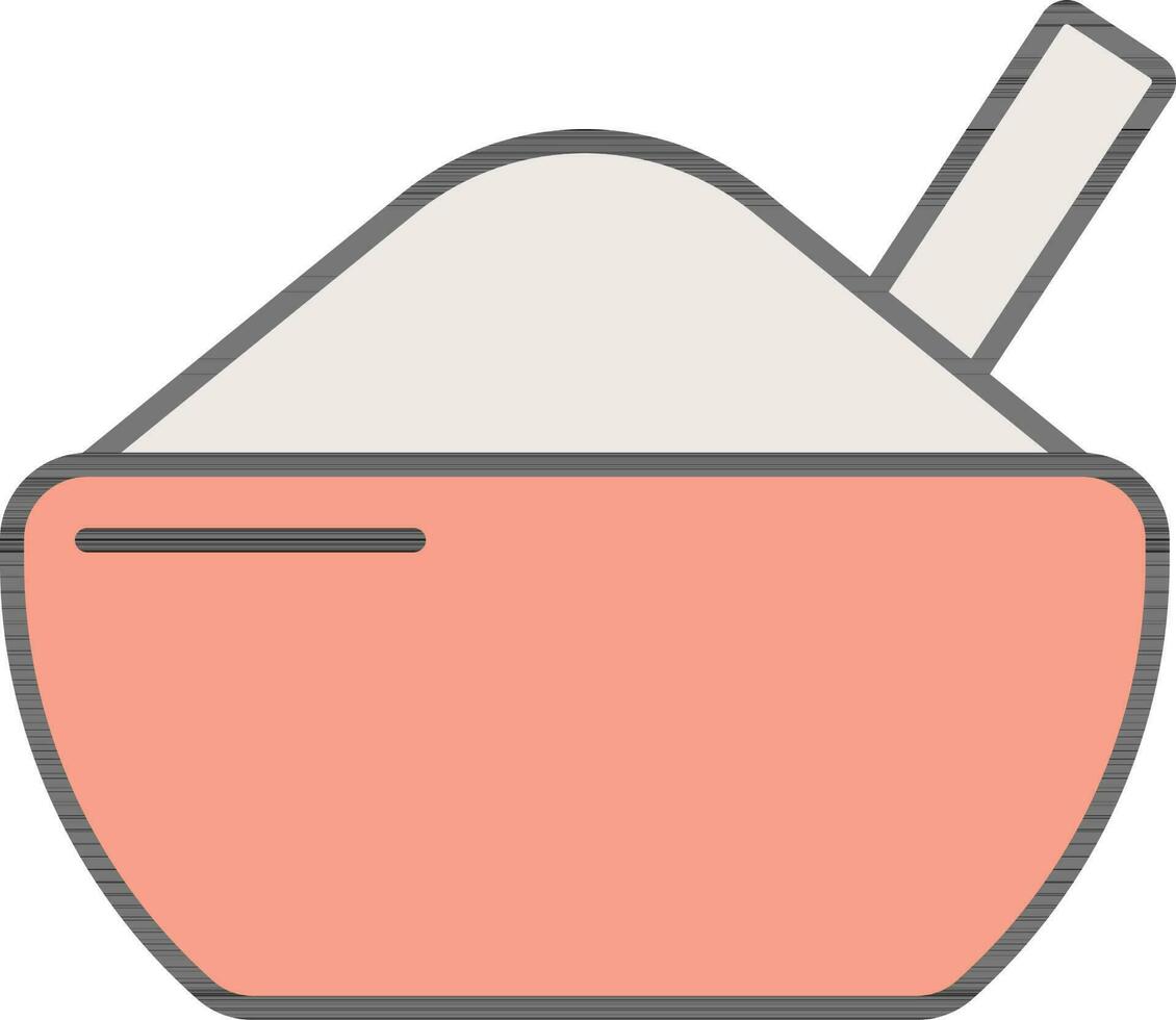 Spoon In Rice Bowl Icon In Peach And White Color. vector