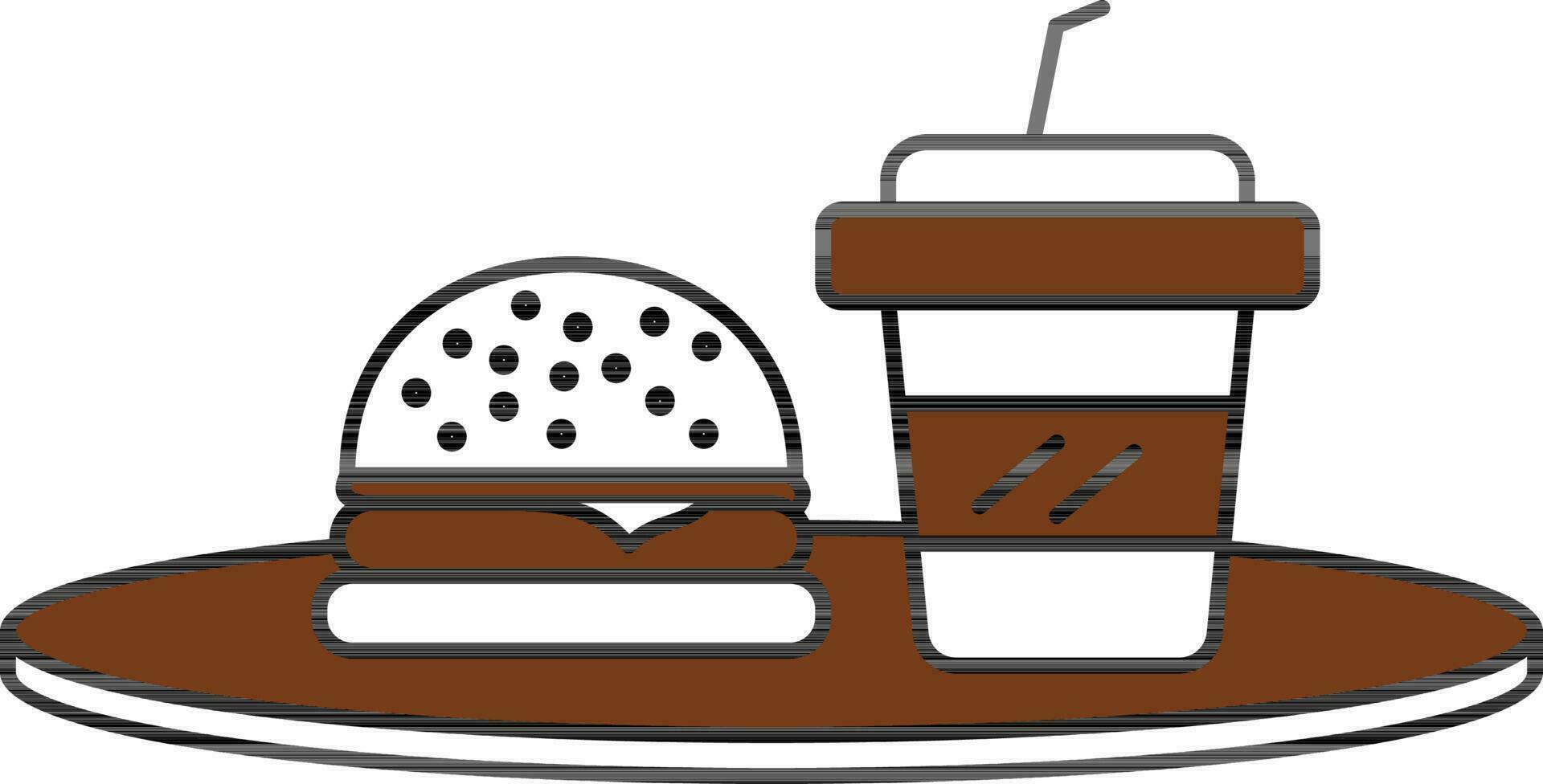 Brown And White Burger And Disposable Cup On Plate Icon. vector