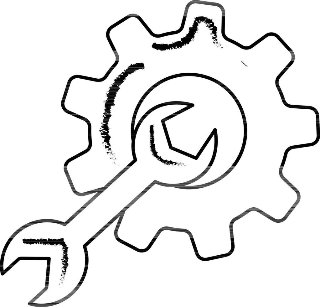 Linear Style Cogwheel And Wrench Icon. vector