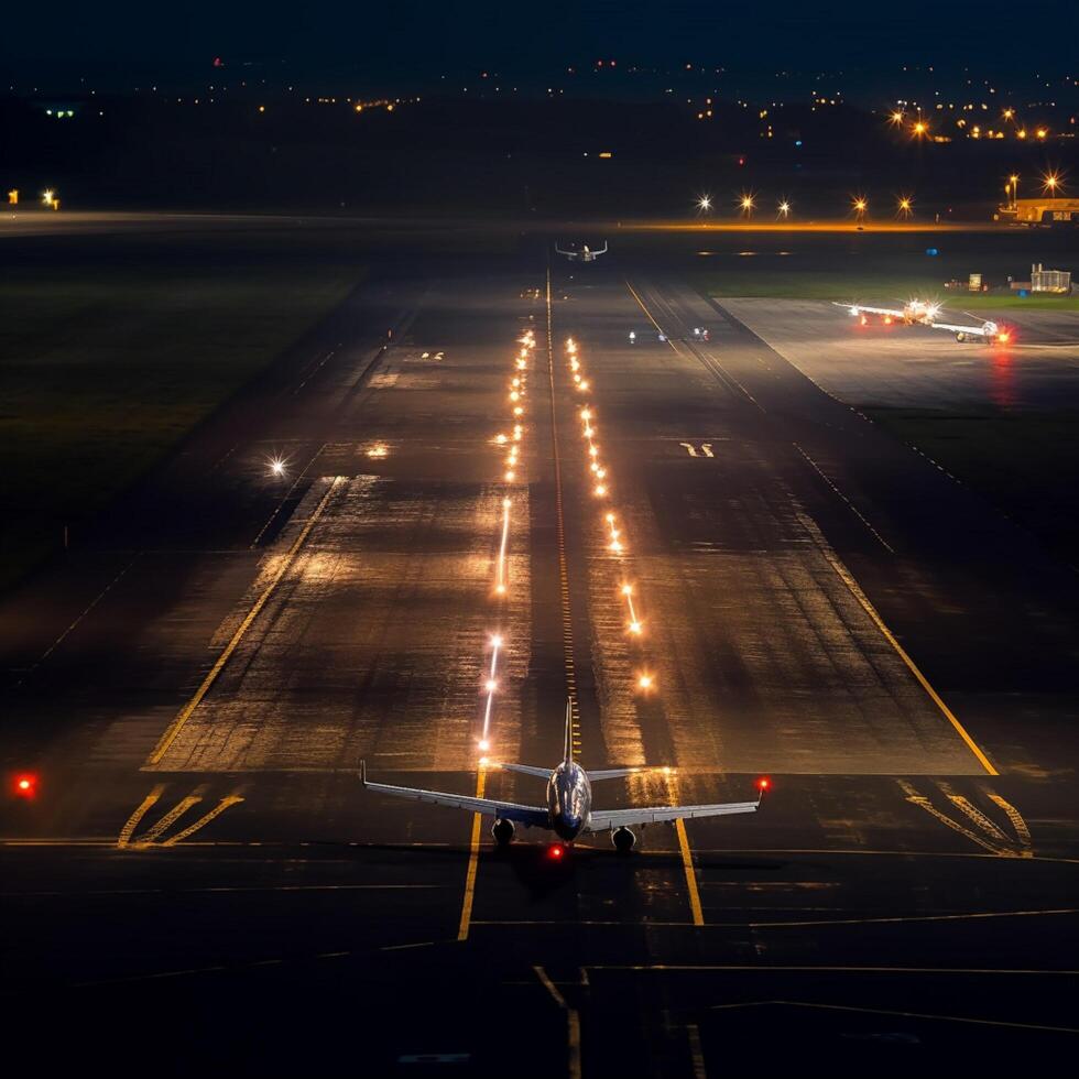 Landing runway in night lights photo