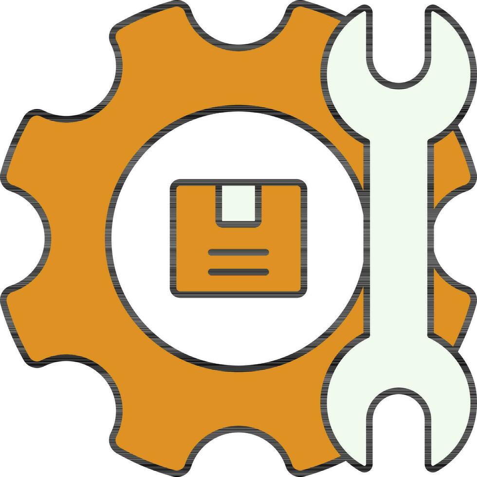 Delivery Box With Wrench and Cogwheel Icon in Yellow and White Color. vector