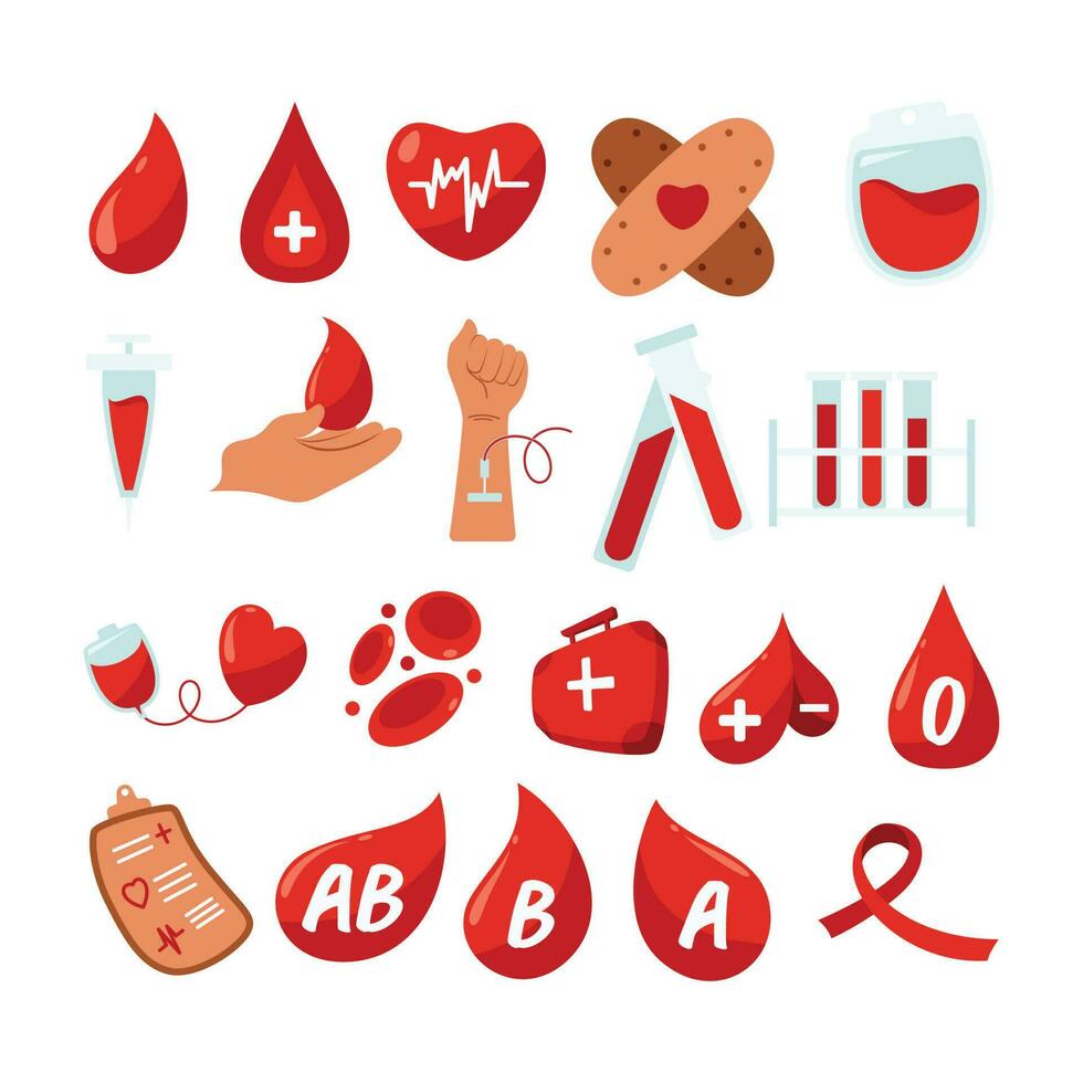 Blood Donor Element Illustration. Hand drawn Vector illustrations. Hematology icons set. Donate Blood, Health Care Concept. World Blood Donor Day. Trendy digital art. Isolated On White Background