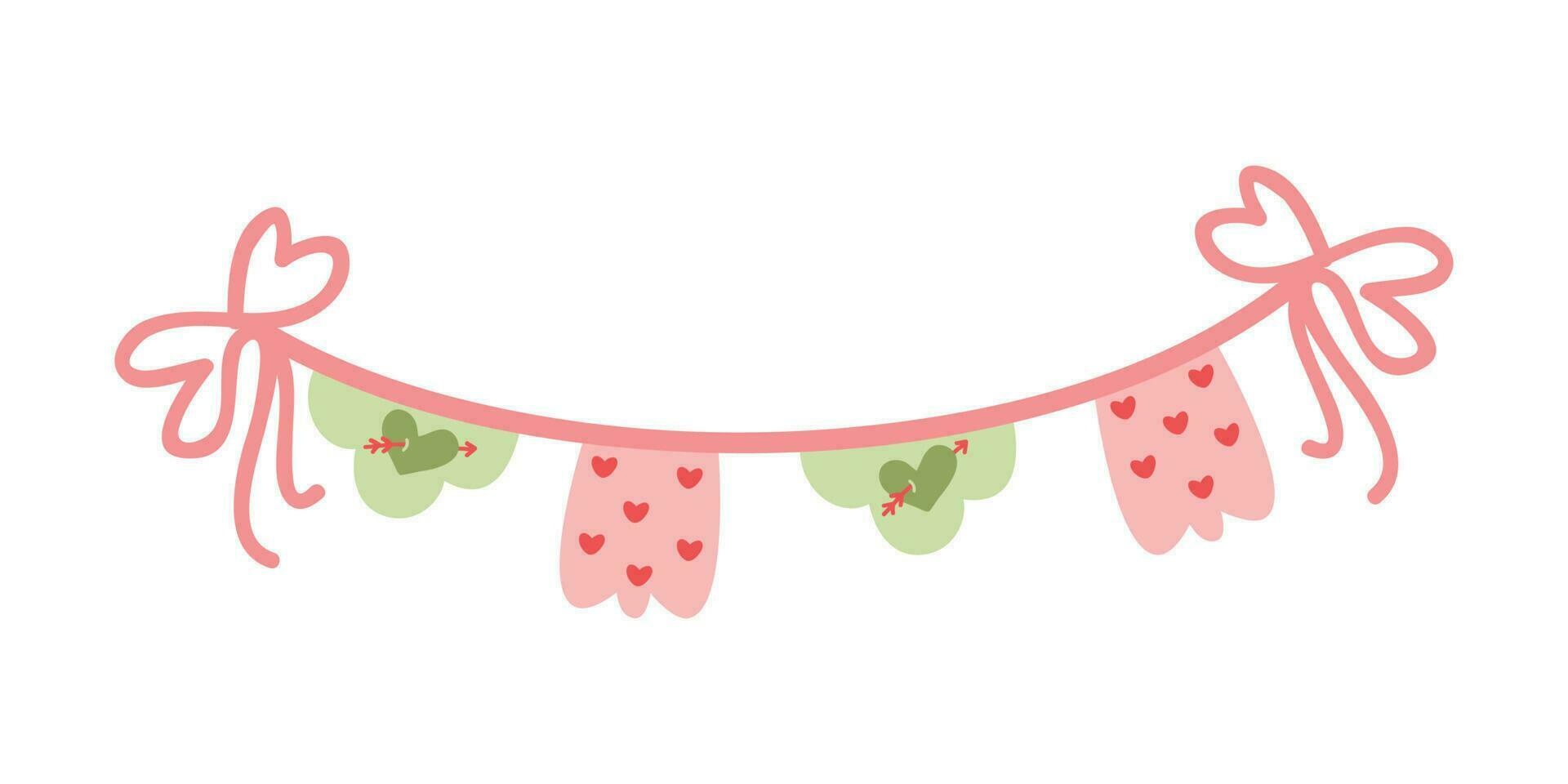 Cute pink flat buntings garlands, flags. Celebration decor. Valentines Day. Cute vintage heart-shaped shabby chic textile bunting flags ideal for Valentine's Day, weddings, birthdays, bridal shower vector