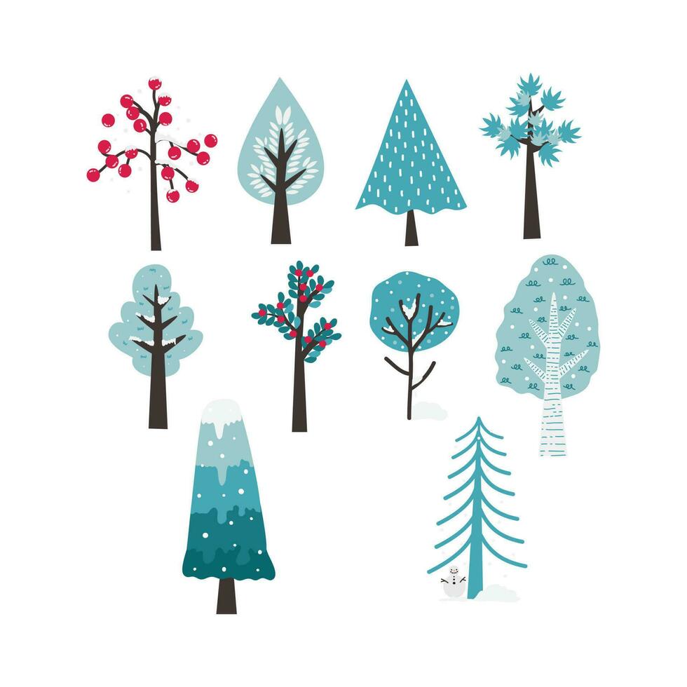 dibujos animados invierno árbol ilustración. invierno cubierto de nieve arboles elementos para el Navidad escena. vistoso arboles vector ilustración en plano dibujos animados estilo.