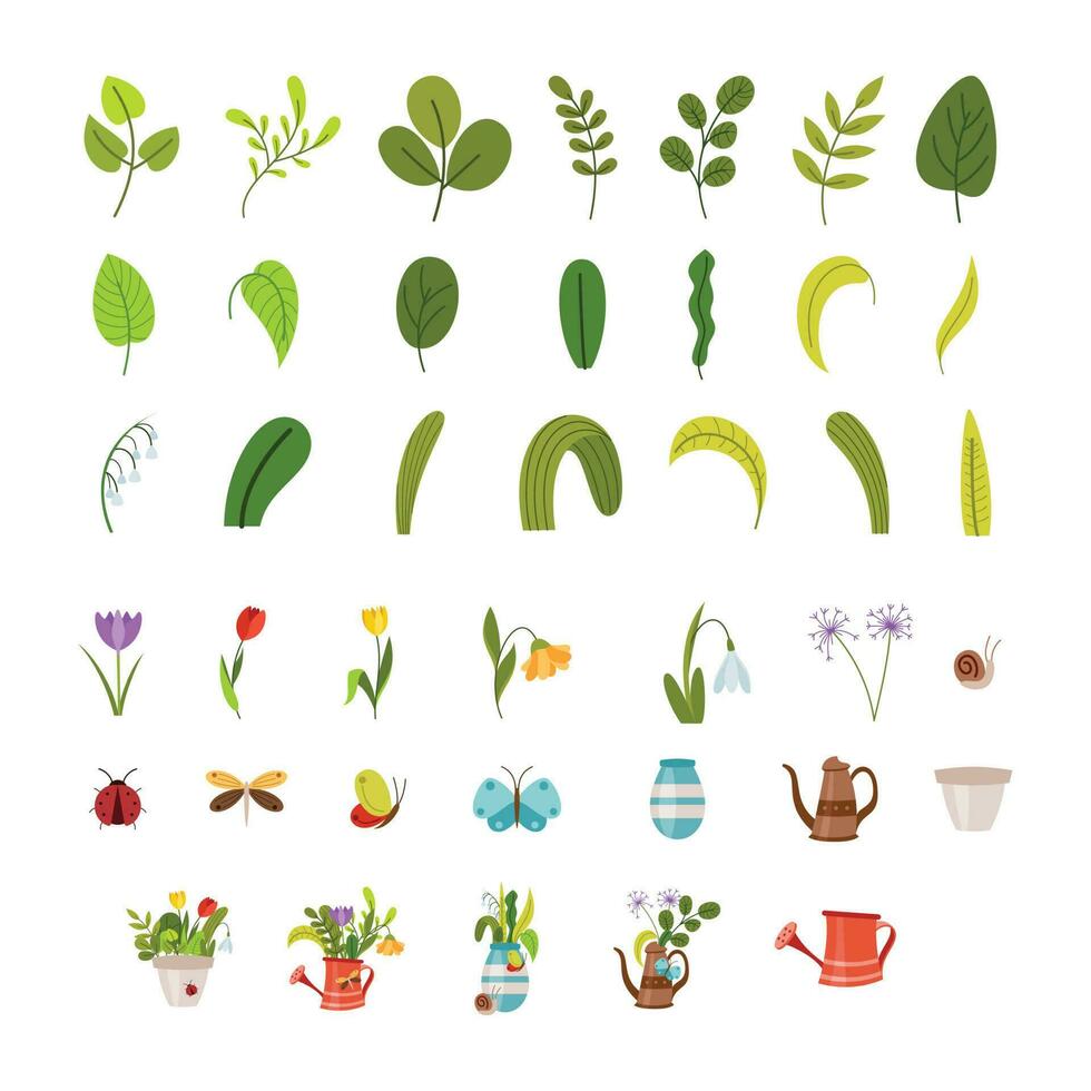 Spring Element Illustration Isolated On White Background. Gardening and Spring hand drawn elements. Floral and Animal Spring doodle set. Cute set of spring cliparts, easter elements. vector