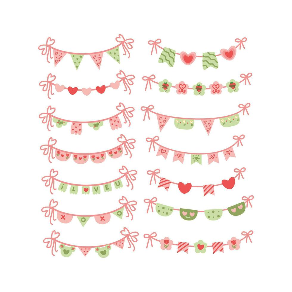 Cute pink flat buntings garlands, flags. Celebration decor. Valentines Day. Cute vintage heart-shaped shabby chic textile bunting flags ideal for Valentine's Day, weddings, birthdays, bridal shower vector
