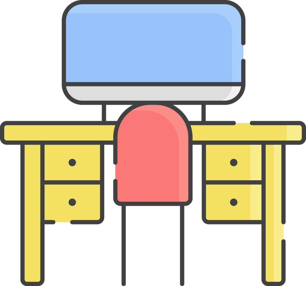 Computer on Desk with Chair Colorful Icon. vector