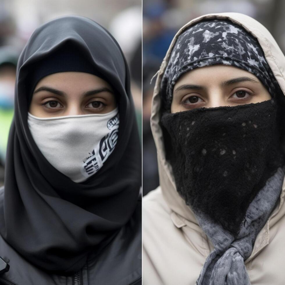 Faces of female opponents in mask opposition photo