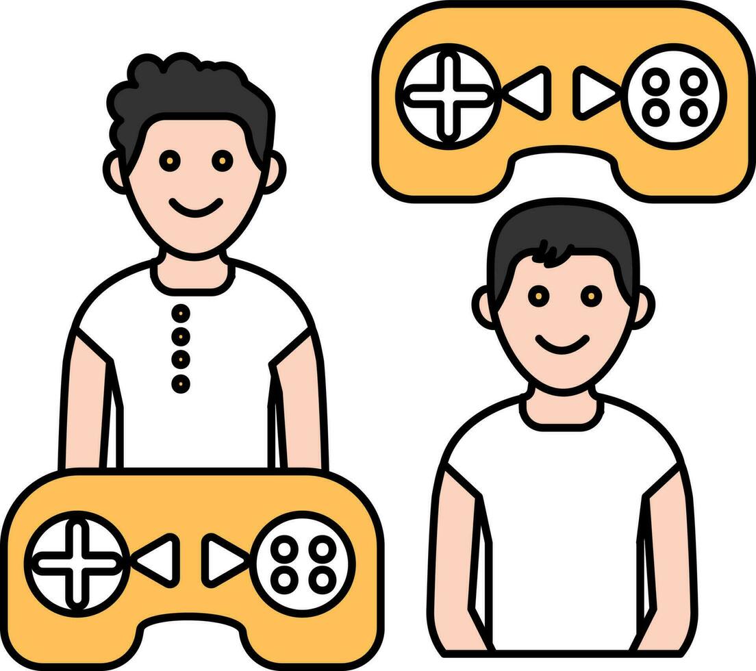 Two Young Boy With Game Controller Yellow And White Icon. vector