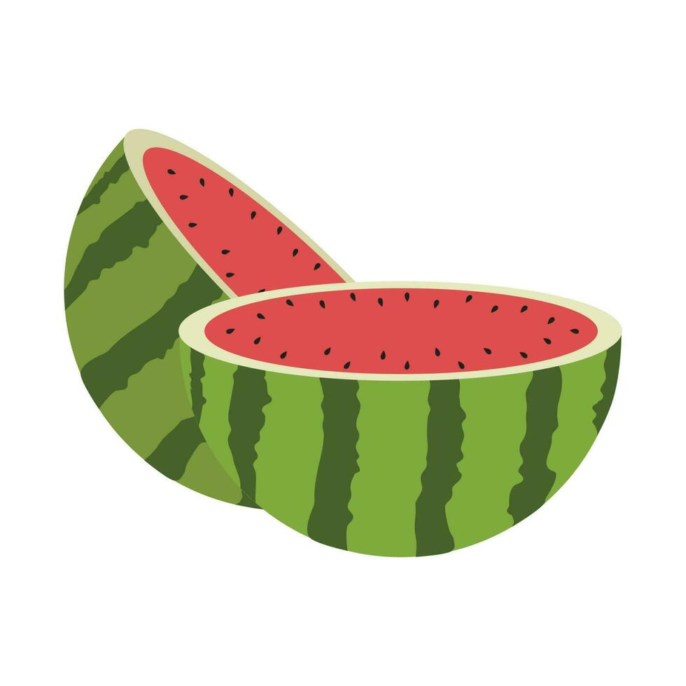 Fresh and juicy whole watermelons and slices illustration. Cartoon fresh green open watermelon. Cartoon fresh green open watermelon half, bites, slices, and triangles. vector