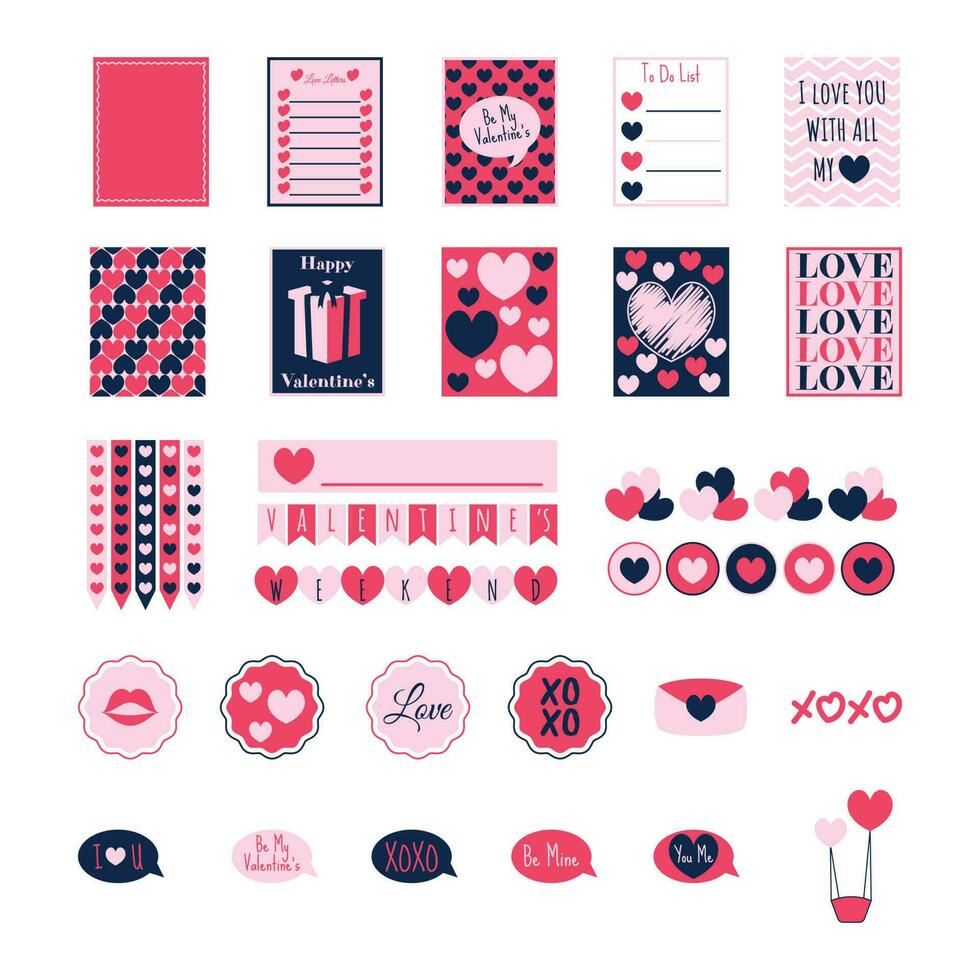 Cute love stickers for daily planner and diary. Collection of scrapbooking design elements for valentines day. Stylish hand drawn stickers and labels for graphic and web design. vector