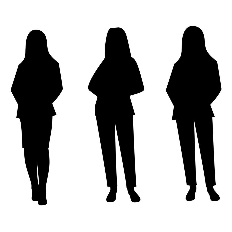 Vector silhouettes of women, group of business people standing and walking, black color isolated on white background