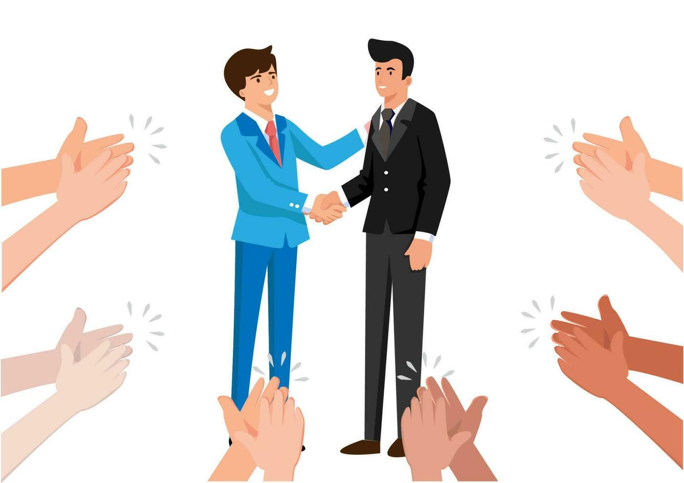 Two cheerful businessmen shaking hands while colleagues applaud and smile in the background. vector illustration