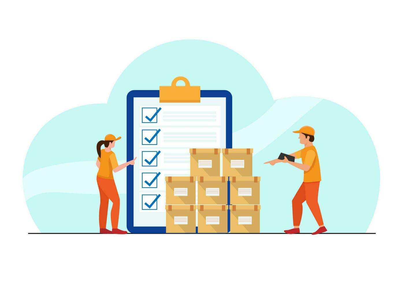 warehouse worker checking inventory Concept of inventory control system. Flat vector illustration.