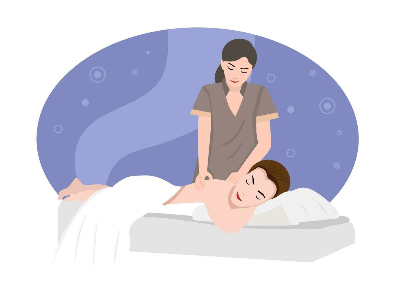 Relaxed woman getting back massage in luxury spa with professional massage therapist. Wellness, healing and relaxation concept. vector