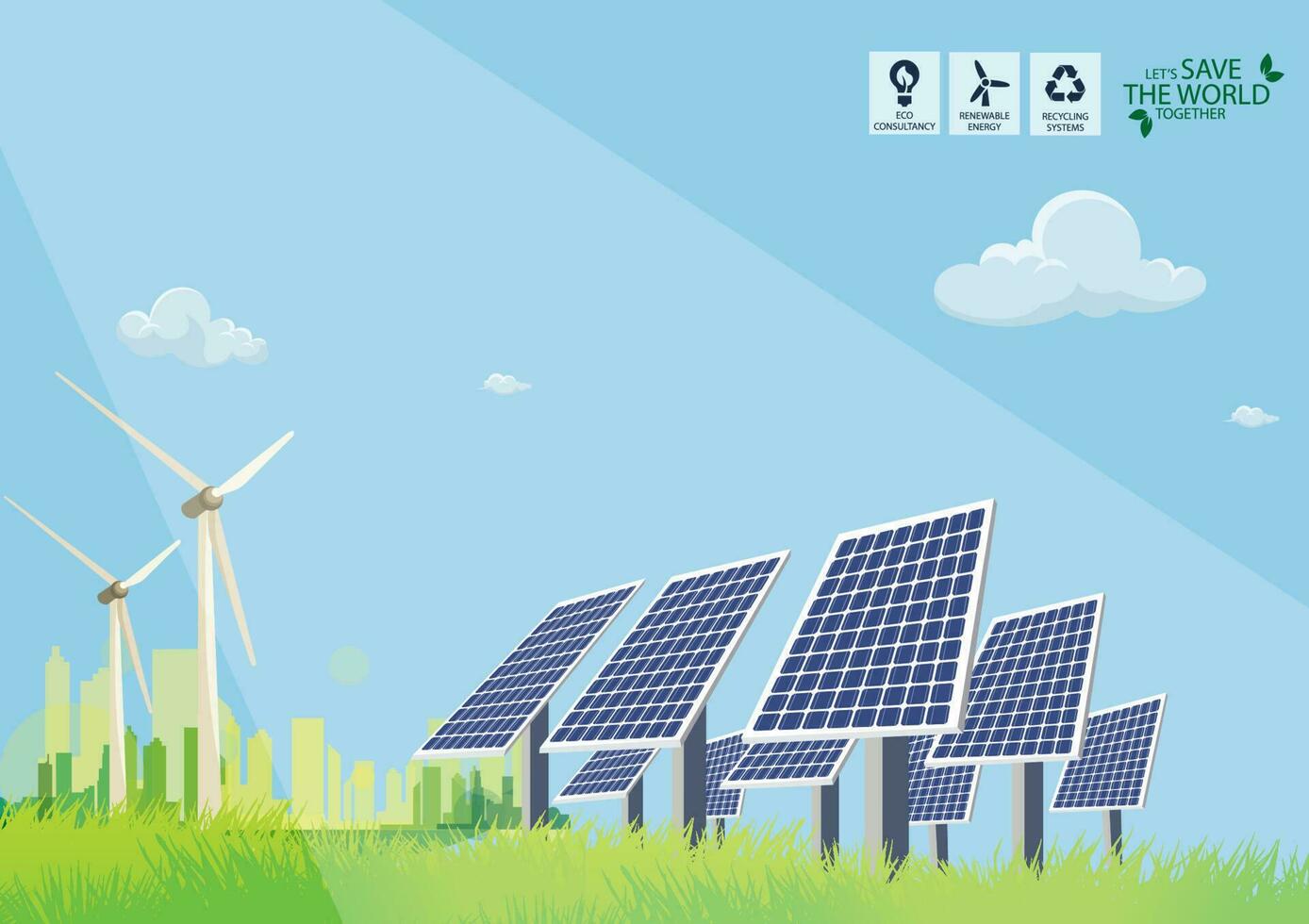 Clean electric energy concept. Renewable electricity resource from solar panels. Ecological change of the future. City skyline and nature landscape on background vector