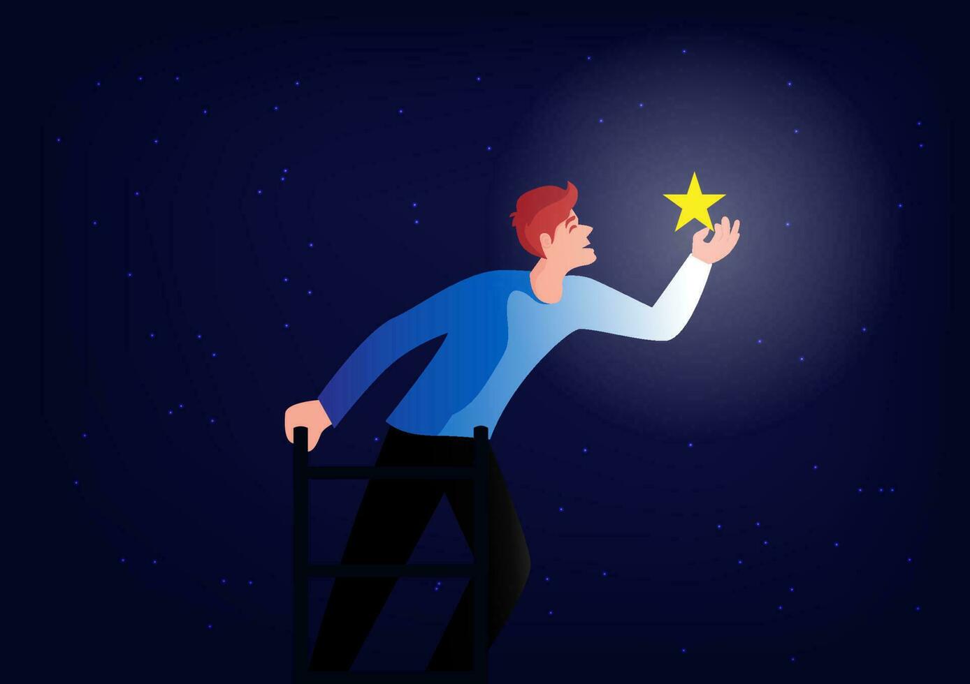 businessman to the stars achieve business goals vector illustration The character climbs the ladder to pick up the stars.